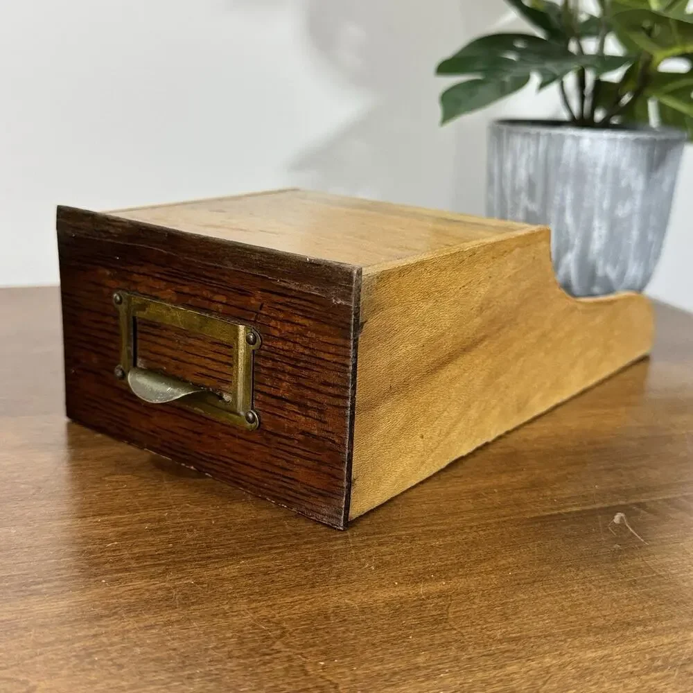 Vintage Library Card Catalog Wood Drawer Antique Brass Pull